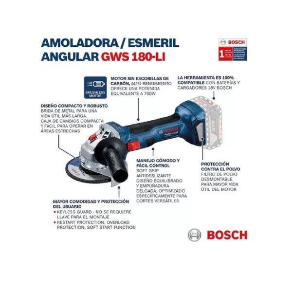 Amoladora Bosch Angular Gws 180-li Professional 18 V Color Azul