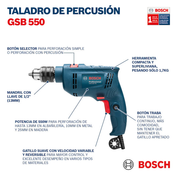 Taladro Percutor Bosch Gsb 550 Re 13 Mm 550w