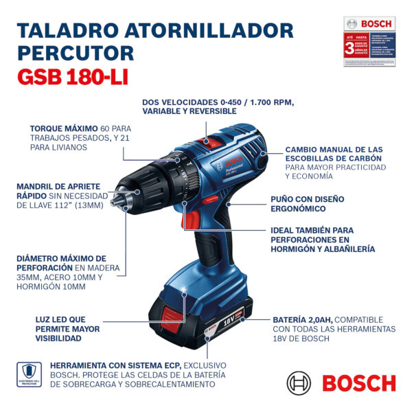 Rotomartillo inalámbrico Bosch GSB 180-LI 18V 2 baterías y maletín