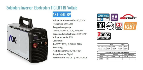 CC INVERSOR 110/220V 220A TIG LIFT AXTP250TBV