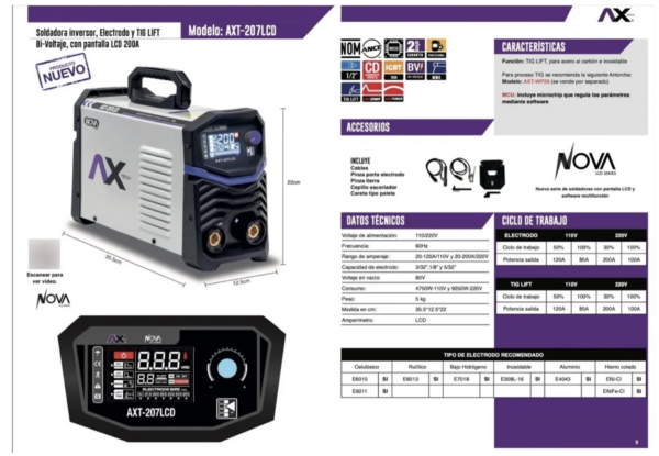 INVERSOR 200A 110/220V MMA/TIG LIFT AXT207LCD