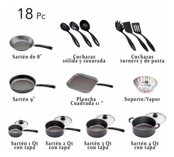 BATERIA NEGRA 18 PZAS + JUEGO DE CUBIERTOS 24 PZAS 32200267