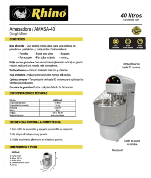 AMASADORA DOBLE ACCION GIRATORIA 3000W 40LT AMASA40