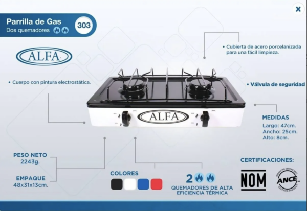 Parrilla A Gas 2 Quemadores Marca Alfa Blanca 303ALFA