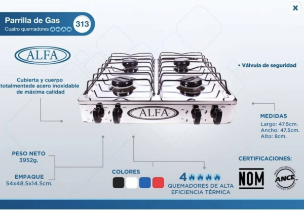 Parrilla A Gas 4 Quemadores Marca Alfa Blanca 311ALFA