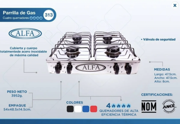 Parrilla A Gas 4 Quemadores Marca Alfa Acero Inoxidable 313ALFA
