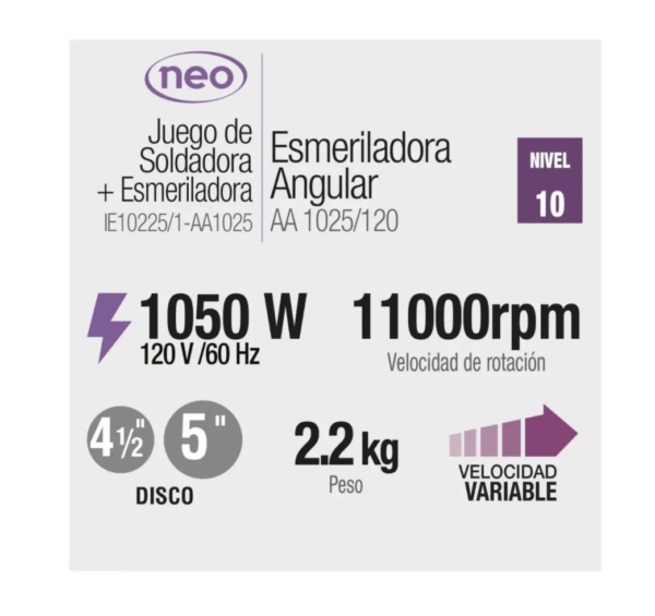 Soldadora Electrodo Neo + Esmeriladora Discos IE10225AA1025PL