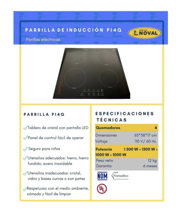 Parrilla De Inducción Noval Piq4 Cristal 4 Quemadores