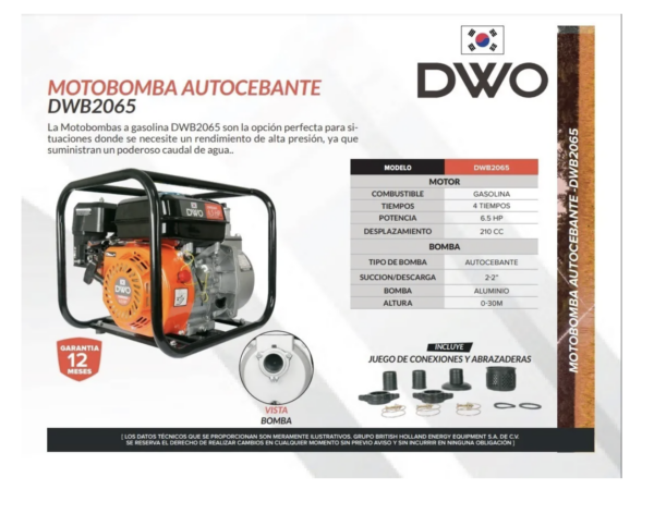 Motobomba Gasolina Dwo 6.5 Hp Motor 4 Tiempos DWB2065