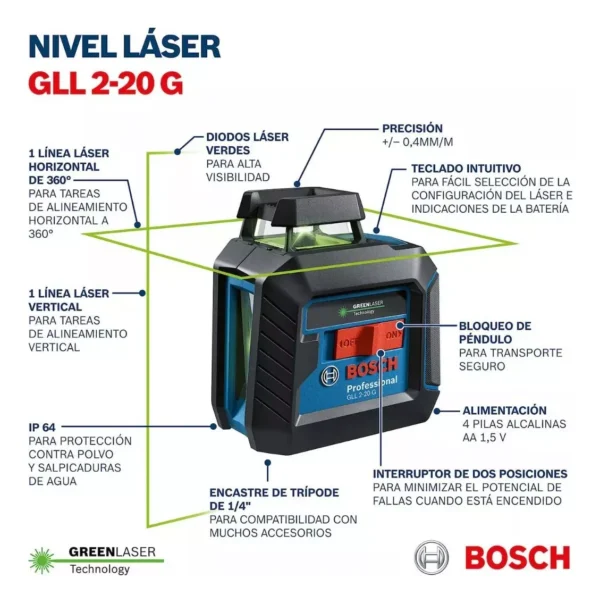 Nivel Láser Línea Verde Bosch Gll 2-20 G + Bt 150 Trípode