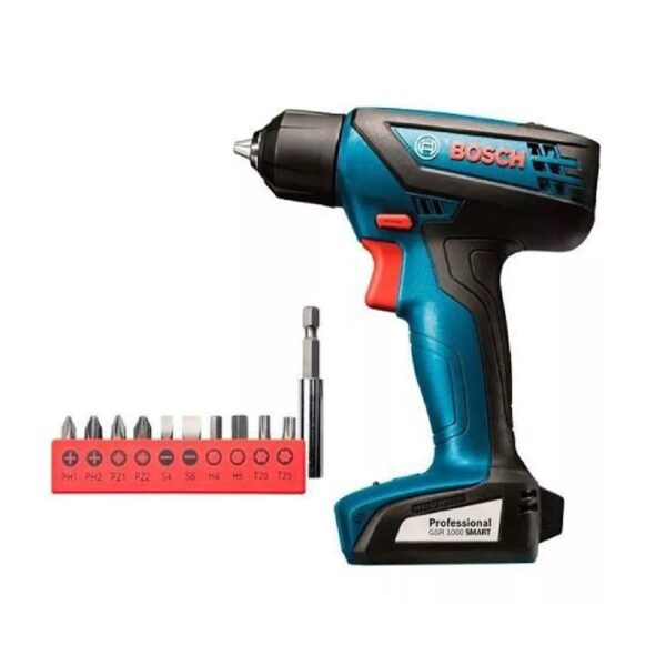 Taladro atornillador inalámbrico de 6mm Bosch GSR 1000 12V + accesorio con maletín de transporte