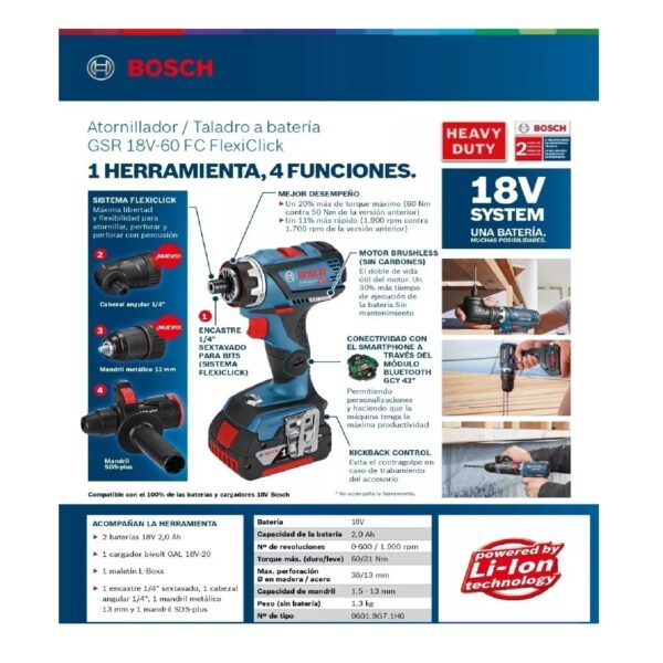 Taladro Atornillador Bosch Brushless Percutor Gsr 18v-60 Fc