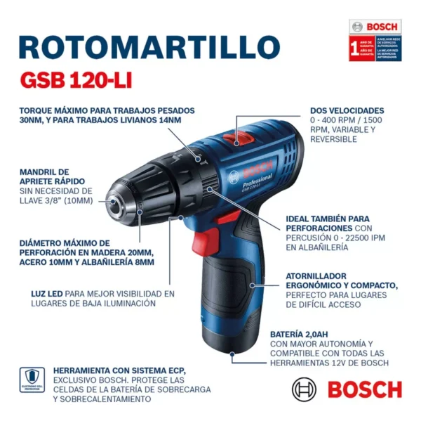Rotomartillo Inalámbrico Bosch Gsb 120-li, 12v 1 Bateria