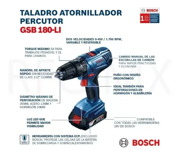 Rotomartillo 1/2 Bosch Brushless Gsb 185-li 18v