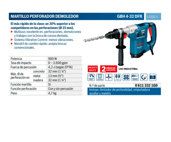 Martillo Perforador 4kg 1 Sds Plus C/maletin Gbh 4-32 Dfr