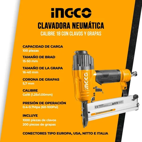 Clavadora Neumática Ingco Calibre 18 Con Clavos Y Grapas