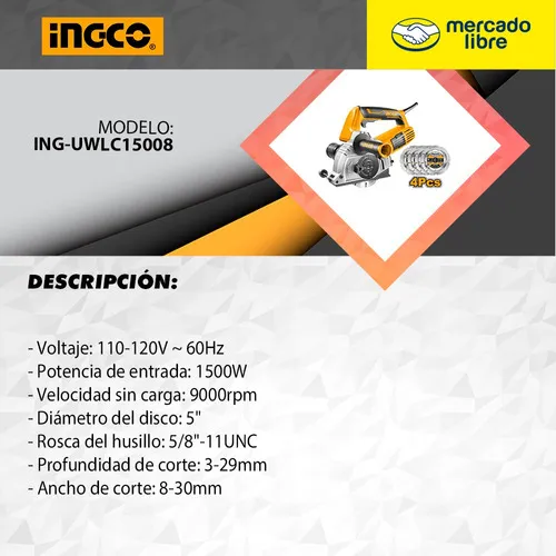 Ranuradora De Concreto Sierra Corte Pared 1500w Ingco Color Amarillo Frecuencia 60 Hz