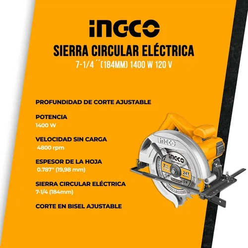 Sierra Circular Eléctrica Ingco 7-1/4 ´´(184mm) 1400 W 120 V