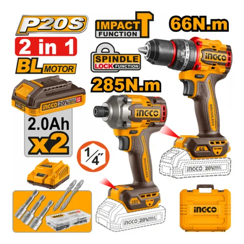 Kit Atornillador de Impacto Inalambrico Ingco 1/4 Brushless + Taladro Rotomartillo Inalámbrico Ingco 1/2 Brushless 2 Baterías Maletin UCKLI20277