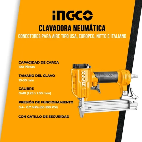 Clavadora Neumática 100 Grapas Ingco Calibre 18