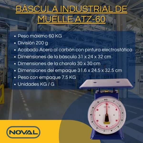 Báscula Mecánica Industrial De Muelle 60 Kg Noval 30x30cm - Azul