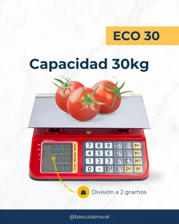 Báscula Comercial 30kg / 2g Charola Acero Inoxidable Fija Eco-30 Noval Color Rojo