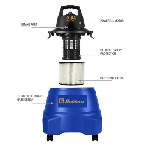 Aspiradora Seco Mojado Koblenz Wd-9 L212 de 9 Galones 5.0 Hp Función 3 en 1 para Secos, Líquidos y Sopleteo Filtro PlisadoColor Azul/Negro